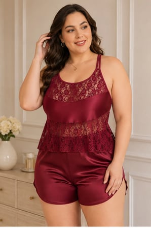 Loule Kadın Büyük Beden Bordo Saten Geniş Dantel Detaylı Şortlu 2'li Pijama Takımı