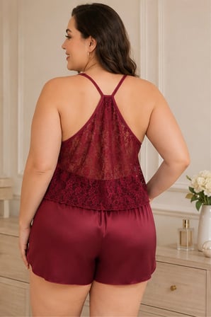 Loule Kadın Büyük Beden Bordo Saten Geniş Dantel Detaylı Şortlu 2'li Pijama Takımı