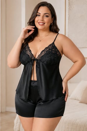 Loule Kadın Büyük Beden Siyah Saten Dantel Detaylı Ön Bağlamalı Şortlu Pijama Takımı
