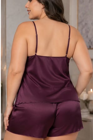 Loule Kadın Büyük Beden Mürdüm Saten Dantel Bel Detaylı Şortlu 2'li Pijama Takımı