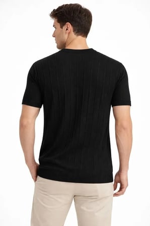 Modi Green Erkek Yazlık Fitilli Triko Tişört Kısa Kol Bisiklet Yaka T-Shirt - Siyah