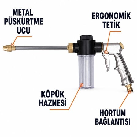 MultiZone Basınçlı Su Tabancası Köpük Hazneli Araba Oto Yıkama Bahçe Sulama Temizlik Tabancası