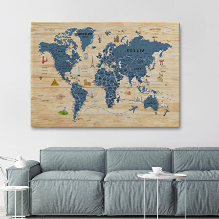 Harita Sepeti Ahşap Görünümlü Dünya Haritası Sembollü Eğitici Dekoratif Kanvas Tablo 2912