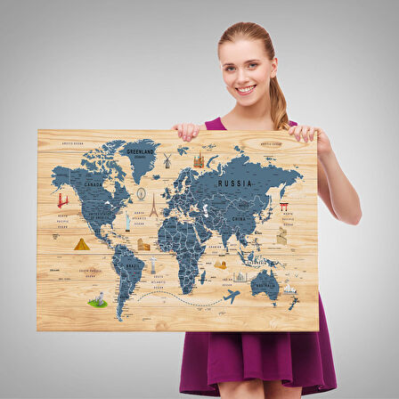 Harita Sepeti Ahşap Görünümlü Dünya Haritası Sembollü Eğitici Dekoratif Kanvas Tablo 2912