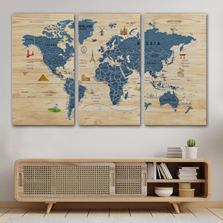Harita Sepeti Ahşap Görünümlü Dünya Haritası Sembollü Eğitici Dekoratif Kanvas Tablo 2912