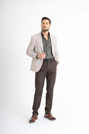 Düz Çizgili Takım Elbise - Bej-Kahverengi 46