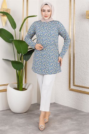 Modi Desenli Tesettür Tunik İNDİGO