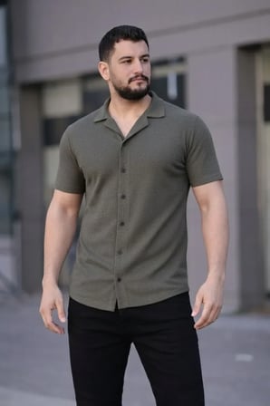 Modi Green Erkek Waffle Kumaş Kısa Kollu Düğmeli Açık Yaka Regular Fit Gömlek - Haki