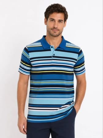Modi Green Erkek Çizgili Polo Yaka Tişört Kısa Kol Yazlık T-Shirt Regular Fit - Mavi