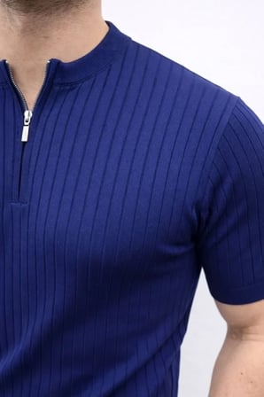 Modi Green Erkek Kısa Kol Fitilli Triko T-Shirt Yazlık Hakim Yaka Tişört - Lacivert