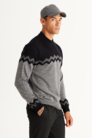 Erkek Sıyah-grı Melanj Standart Fit Normal Kesim Yarım Balıkçı Yaka Zikzak Desenli Triko Kazak