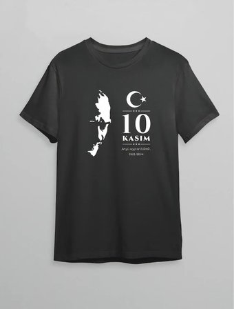 Modi Green 10 Kasım Atatürk Anma Günü Silüet Baskılı Oversize Bisiklet Yaka T-shirt - Siyah