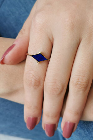 Mavi Mineli Taşsız Altın Kombin Yüzük