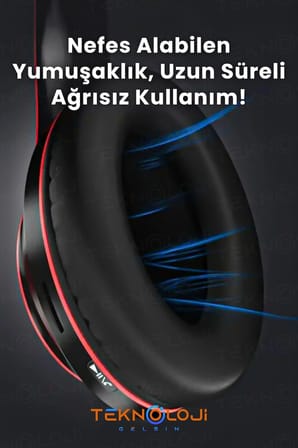 Kablosuz Kulaklık Bluetooth Mikrofonlu Kulaküstü Kulaklık Led Işıklı Katlanabilir SİYAH-KIRMIZI