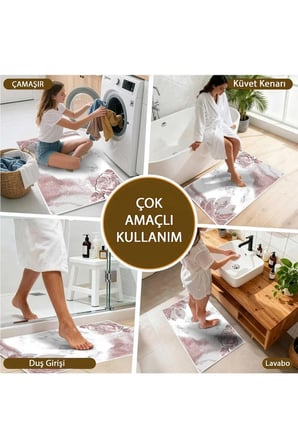 2 li Banyo Paspası, Yumuşak Banyo Halısı, Kaymaz Tabanlı, Yıkanabilir - 60x100 - 50 x60