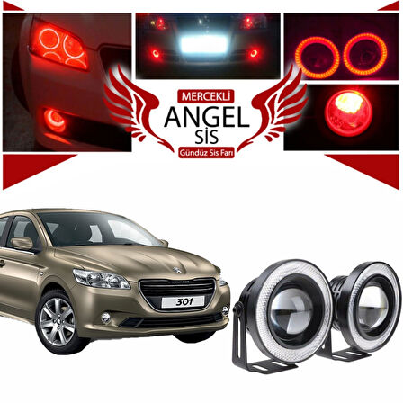 Peugeot 301 Uyumlu, Universal Mercekli Led Angel Sis Farı, 76mm Kırmızı Renk