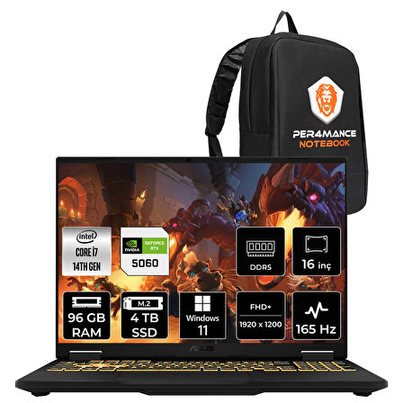 Asus TUF F16 i7 14650HX 96GB 4TB SSD RTX5060/8GB 115W 165Hz 16'' WUXGA W11H Gaming Laptop FX608JMR