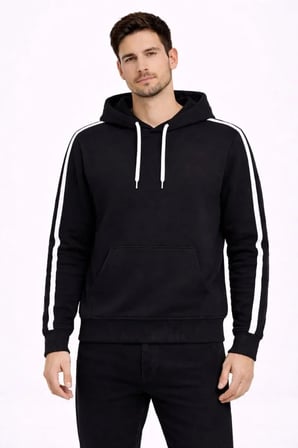 Modi Green Erkek Şeritli Kapüşonlu Sweatshirt Oversize 3 Iplik Pamuklu - Siyah