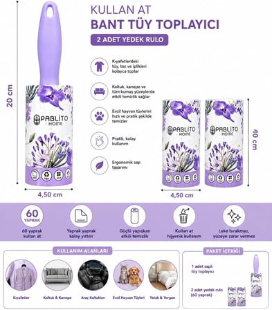 Saplı Tüy Toplayıcı Rulo Seti 2’li Yedek Rulolu 60 Yaprak – Kullan At Bantlı Güçlü Yapışkan Temizlik Rulosu, Evcil Hayvan Tüyü, Kıyafet, Koltuk, Halı ve Araç İçi (Mor)