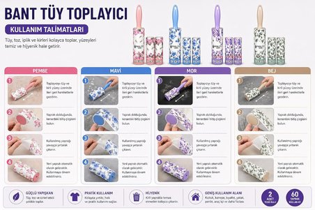Saplı Tüy Toplayıcı Rulo Seti 2’li Yedek Rulolu 60 Yaprak – Kullan At Bantlı Güçlü Yapışkan Temizlik Rulosu, Evcil Hayvan Tüyü, Kıyafet, Koltuk, Halı ve Araç İçi (Mor)