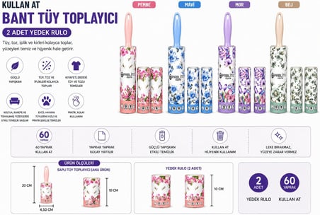 Saplı Tüy Toplayıcı Rulo Seti 2’li Yedek Rulolu 60 Yaprak – Kullan At Bantlı Güçlü Yapışkan Temizlik Rulosu, Evcil Hayvan Tüyü, Kıyafet, Koltuk, Halı ve Araç İçi (Mor)