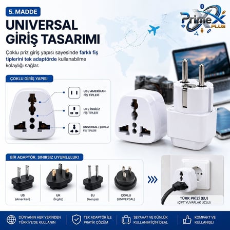 PrimeX PX-AMC1 Universal Priz Dönüştürücü, Amerikan Priz ve İngiliz Priz Türk Çevirici Adaptör, US/UK to EU Türk Fiş Adaptörü Seyahat Tipi Çevirici