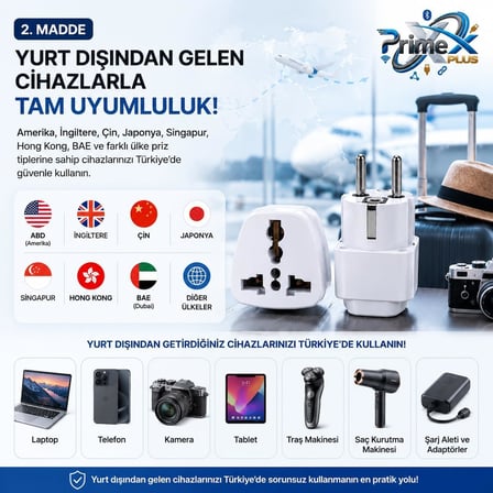 PrimeX PX-AMC1 Universal Priz Dönüştürücü, Amerikan Priz ve İngiliz Priz Türk Çevirici Adaptör, US/UK to EU Türk Fiş Adaptörü Seyahat Tipi Çevirici