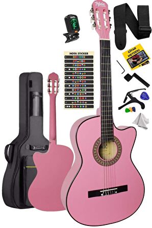 Midex CG-390PK-XBAG Pembe Renk Klasik Gitar 4/4 Sap Ayarlı Kesik Kasa (Çanta Tuner Askı Capo Metod Pena)