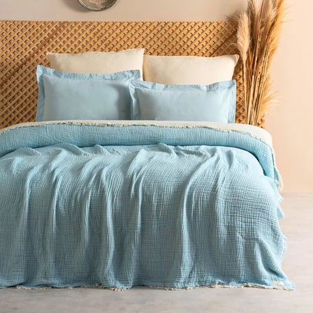 Müslin Pike Tek Kişilik, 100% Pamuk 4 Katlı Kaliteli Müslin Yatak Örtüsü, Dekoratif Şık Yumuşak Hafif Yazlık Pike (Açık Mavi, Tek Kişilik 160x220 cm)