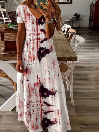 Kadın Kısa Kollu V Yakalı Desenli Uzun Süprem Elbise - Desenli / L-XL