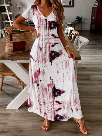 Kadın Kısa Kollu V Yakalı Desenli Uzun Süprem Elbise - Desenli / L-XL