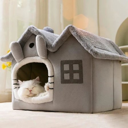 Kedi Evi Yumuşak Kedi Yatağı Derin Uyku Ve Kış Evi Çıkarılabilir Minder -villa 1adet (GRİ BÜYÜK BOY)