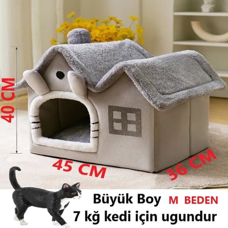 Kedi Evi Yumuşak Kedi Yatağı Derin Uyku Ve Kış Evi Çıkarılabilir Minder -villa 1adet (GRİ BÜYÜK BOY)