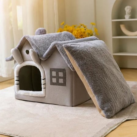 Kedi Evi Yumuşak Kedi Yatağı Derin Uyku Ve Kış Evi Çıkarılabilir Minder -villa 1adet (GRİ BÜYÜK BOY)
