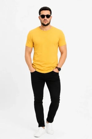 Modi Green Erkek Basic Tişört Bisiklet Yaka Kısa Kol Günlük Yazlık Slim Fit T-Shirt - Sarı