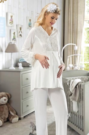 Ekru Hamile ( Lohusa ) Pijama Takımı - 1604 Ekru S