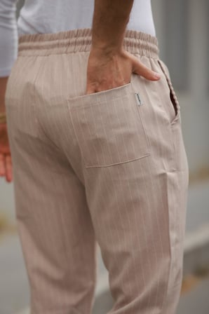 Erkek Beli Bağcıklı çizgili Pantolon - Bej / XL