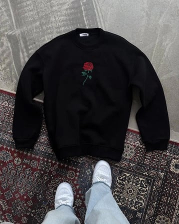Modi Green Oversize Üç İplik Bisiklet Yaka Baskılı SweatShirt - Siyah