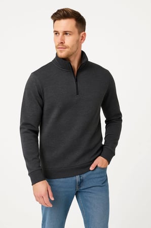 Modi Green Erkek Dik Yaka Sweatshirt Dik Yaka Yarım Fermuarlı 3 İplik Şardonlu Pamuk Kumaş - Antrasit