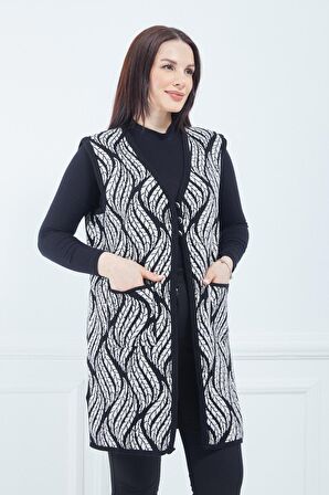 Kadın Krem Desenli Cepli Uzun Kışlık Triko Anne Yelek