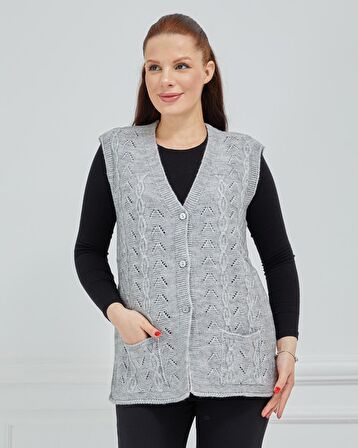 Kadın V Yaka Zincir Örgü Cepli Yün Anne Triko Yelek