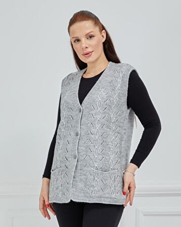 Kadın V Yaka Zincir Örgü Cepli Yün Anne Triko Yelek