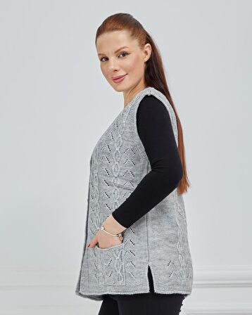 Kadın V Yaka Zincir Örgü Cepli Yün Anne Triko Yelek