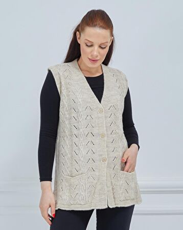 Kadın V Yaka Zincir Örgü Cepli Yün Anne Triko Yelek