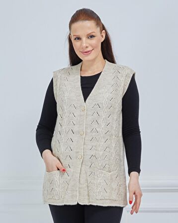 Kadın V Yaka Zincir Örgü Cepli Yün Anne Triko Yelek