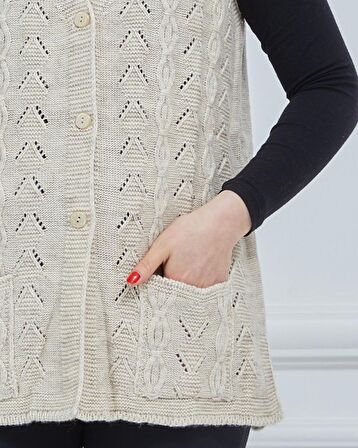 Kadın V Yaka Zincir Örgü Cepli Yün Anne Triko Yelek