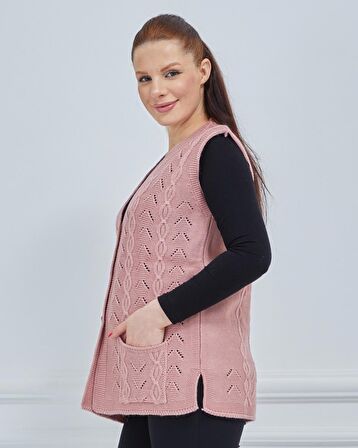 Kadın V Yaka Zincir Örgü Cepli Yün Anne Triko Yelek