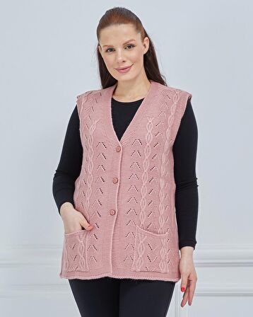 Kadın V Yaka Zincir Örgü Cepli Yün Anne Triko Yelek
