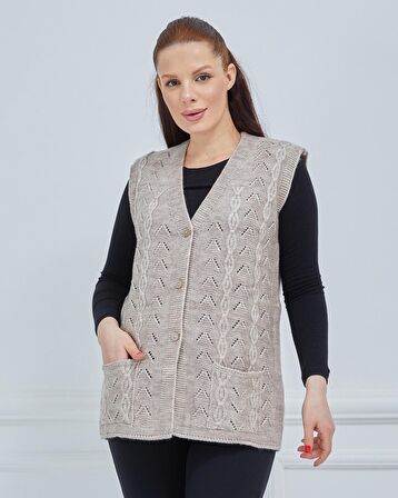 Kadın V Yaka Zincir Örgü Cepli Yün Anne Triko Yelek