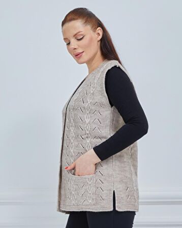 Kadın V Yaka Zincir Örgü Cepli Yün Anne Triko Yelek